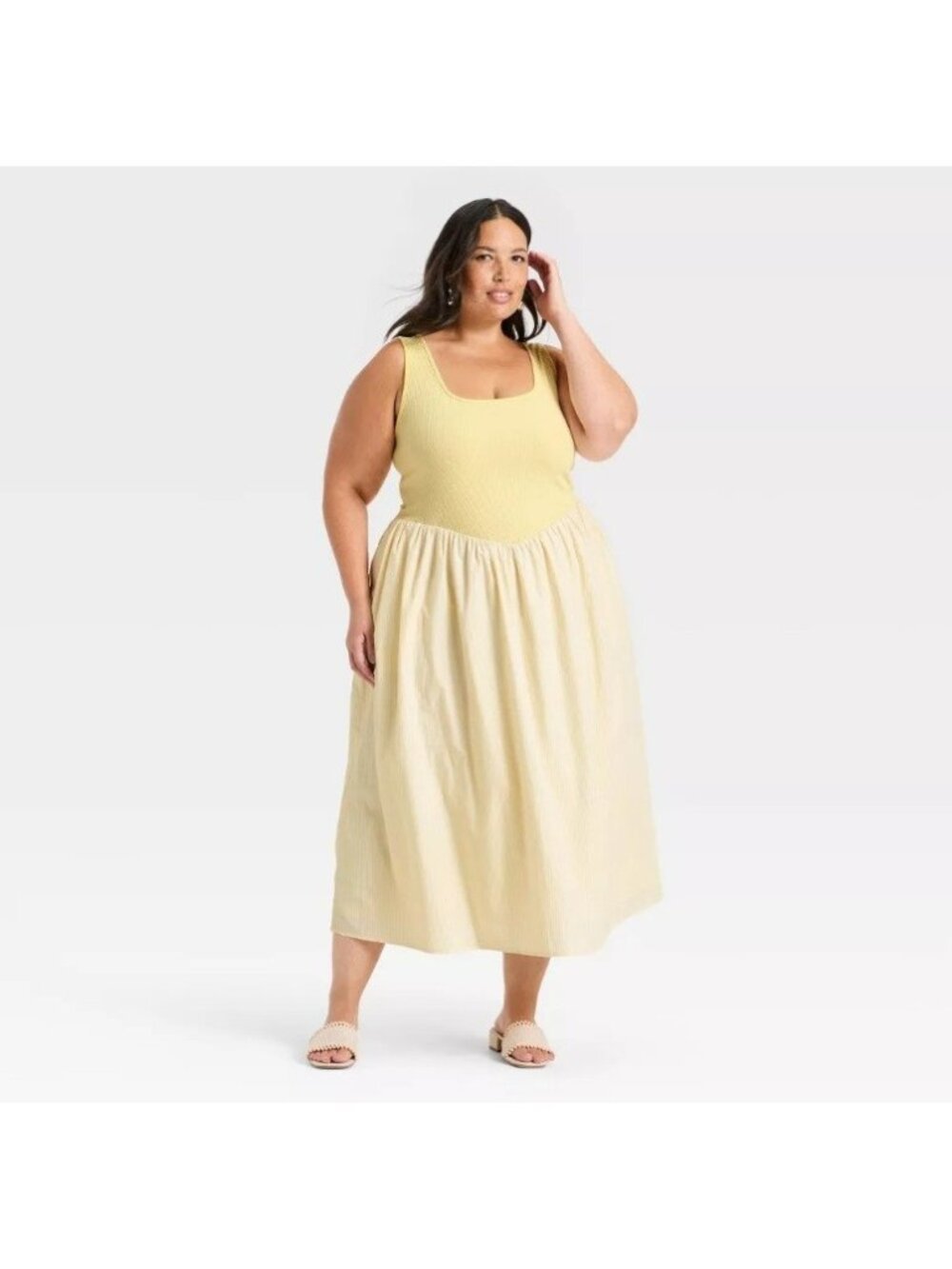 A New Day Women's Plus Size 3X Ribbed Tank Babydoll Dress Yellow Cream Midi NEW